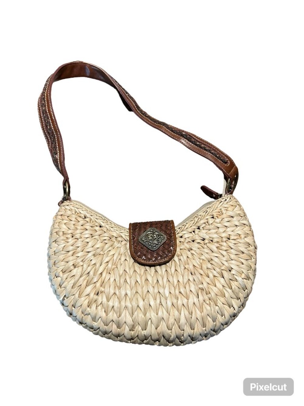 Coldwater Creek Medium Woven Straw Shoulder Bag Braided Leather Strap Purse